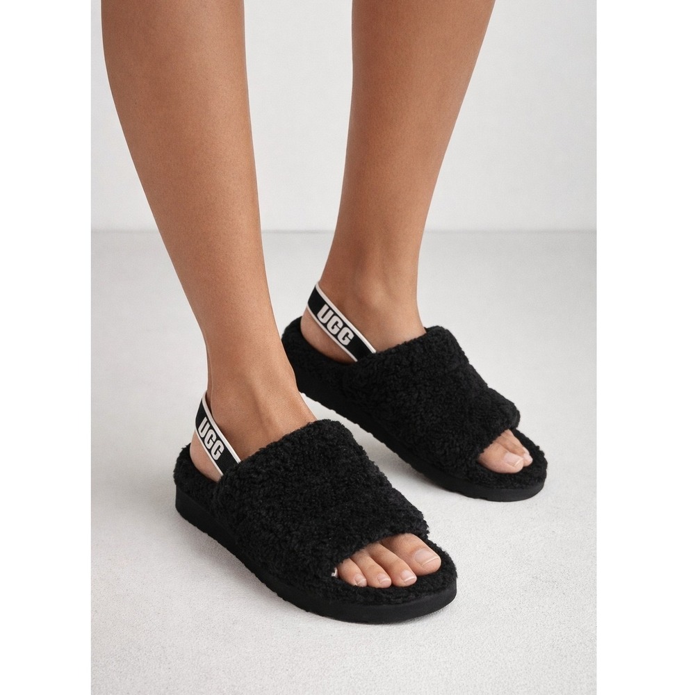 UGG Fluff Yeah Slide Black Sheepskin Fluffy Slipper Sandal Shoes 6 - Picture 1 of 8